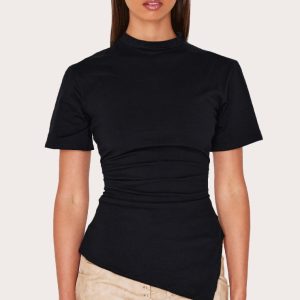 Black Cotton Ruched Side Asymmetric Hem T-shirt