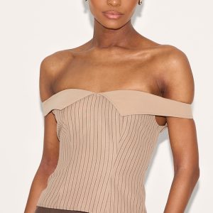 Brown Peach Skin Striped Bardot Long Top