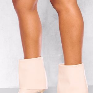 Cream PU Point Toe Fold Over Low Heeled Ankle Boots