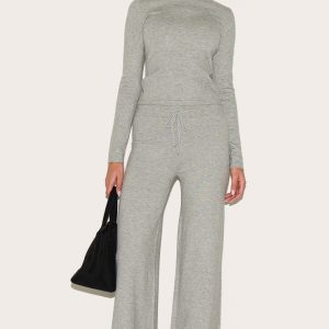 Ash Grey Soft Knit Drawstring Waist Wide Leg Trousers