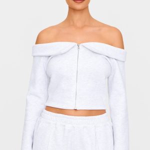 Ash Grey Off The Shoulder Zip Front Sweat Top