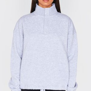 Grey Marl Drawstring Hem Quarter Zip Sweatshirt