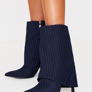 Navy Pu Point Toe Fold Over High Heeled Ankle Boots