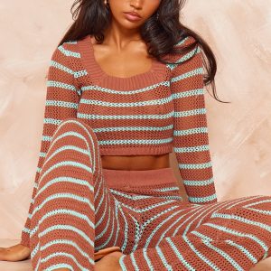 Mocha Stripe Crochet Knit Square Neck Long Sleeve Top