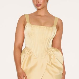 Shape Vanilla Satin Square Neck Corseted Tulip Mini Dress