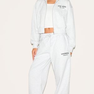 PRETTYLITTLETHING Ash Grey Premium Print Wide Leg Joggers