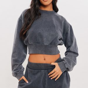 Tall Washed Charcoal Cropped Oversized Sweatshirt