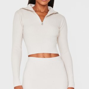 Slate Grey Soft Knit Zip Up Roll Neck Cropped Jumper