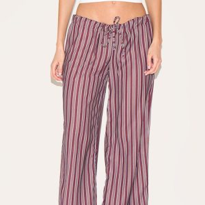 Burgundy Striped Thin Waistband Wide Leg Trousers