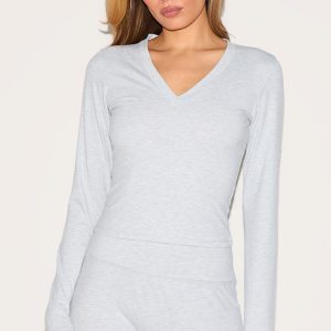 Ash Grey Sculpt V Neck Long Sleeve Top