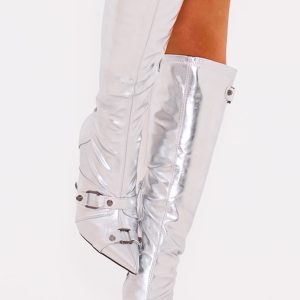 Silver Pu Metallic Buckle Detail High Heeled Knee Boots