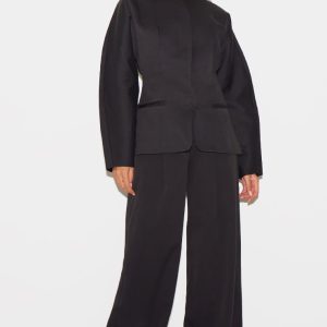 Black Premium Woven Tailored Wide Leg Pleated Trousers
