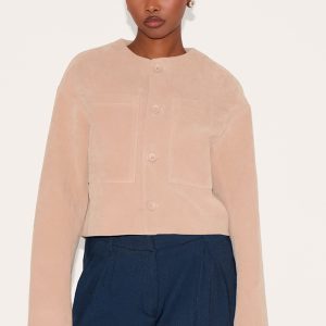 Stone Suede Look Boxy Button Up Jacket