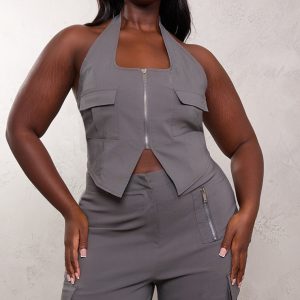 Plus Grey Cargo Pocket Detail Zip Crop Top