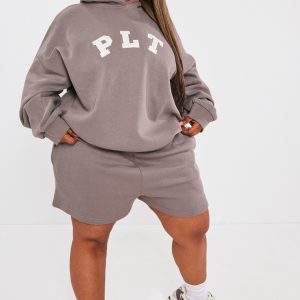 PRETTYLITTLETHING Plus Charcoal Logo Oversized Sweat Shorts