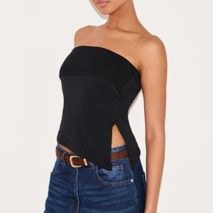 Black Contour Jersey Asymmetric Hem Bandeau Top