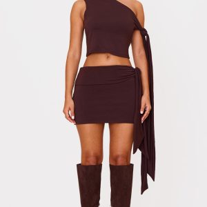Petite Chocolate Contour Jersey Tie Detail Foldover Mini Skirt