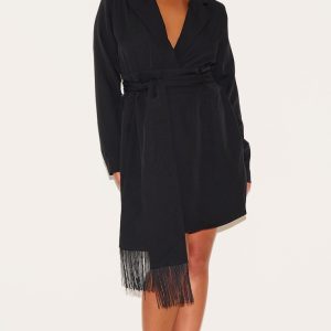 Plus Black Wrap Front Tassel Belted Dress