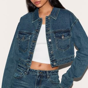 Tall Dark Blue Wash Pocket Detail Cropped Denim Jacket
