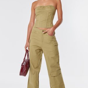 Taupe Premium Twill Cargo Mid Rise Wide Leg Trousers