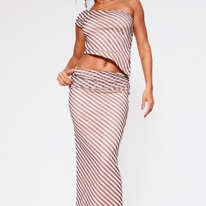 Beige Pinstripe Chiffon Ruched Asymmetric Long Top