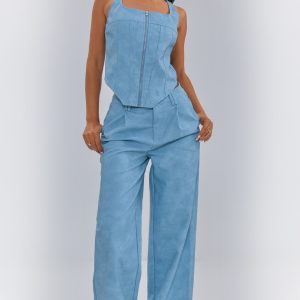 Petite Washed Blue Faux Leather Straight Leg Trousers
