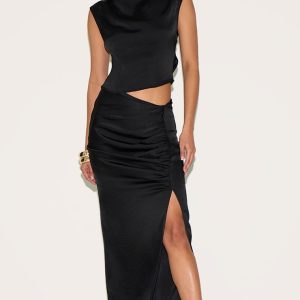 Black Ruched Satin Split Detail Maxi Skirt