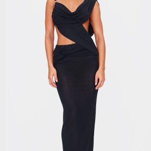 Black Mesh Draped Cut Out Maxi Dress