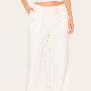 Premium White Linen Drawstring Straight Leg Trousers