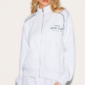 Ash Grey Premium Piping Detail High Neck Zip Through Sweatshirt