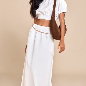 White Shirred Waist Low Rise Maxi Skirt