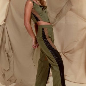 Khaki Twill Contrast Panel Straight Leg Trousers