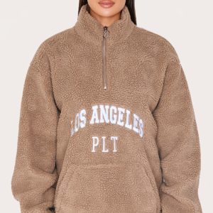 Taupe Quarter Zip Pocket Detail Fleece