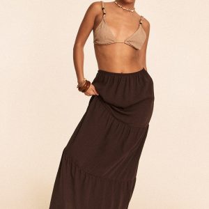Chocolate Linen Look Tiered Maxi Beach Skirt