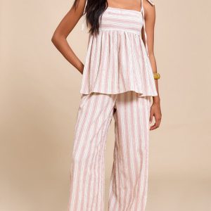 Pink Woven Textured Striped Straight Leg Trousers