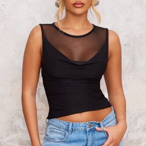 Black Mesh Panel Cowl Slinky Top