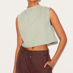Sage Woven Pleated Boxy Top