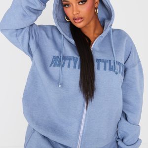PRETTYLITTLETHING Shape Petrol Blue Embroidery Washed Zip Through Hoodie