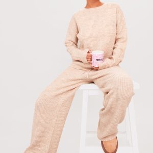 Petite Oatmeal Knit Wide Leg Trousers