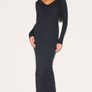 Black Ribbed V Neck Long Sleeve Maxi Dress