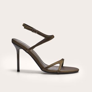 Olive Satin Round Toe Asymmetric Strap High Stiletto Heeled Sandals