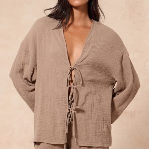 Clay Textured Cheesecloth Tie Front Shirt