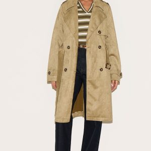 Khaki Mid Length Faux Suede Trench Coat
