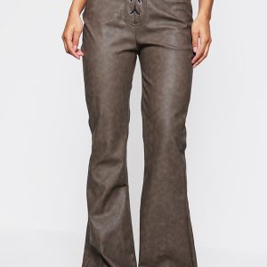 Brown Faux Leather Lace Up Detail Low Rise Straight Leg Trousers