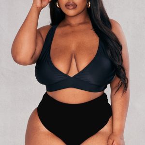 Plus Black Mix & Match Plunge Front Bikini Top