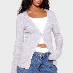 Grey Knitted Ribbed Long Sleeve Cardigan