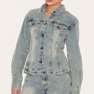 Vintage Long Sleeve Cinch Waist Denim Jacket