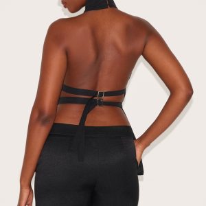 Black Woven Backless Highneck Long Top