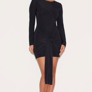 Black Slinky Long Sleeve Wrap Twist Detail Mini Dress