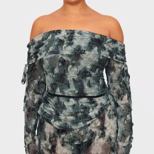 Plus Green Devore Mesh Foldover Long Sleeve Top